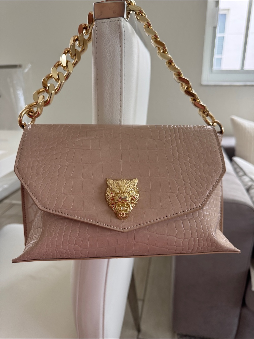Philipp Plein Croc Embossed Shoulder Bag Beige Gold Chain Tiger Head